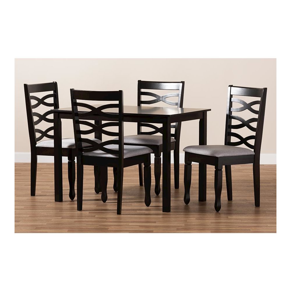 Gray Fabric Upholstered Espresso Brown Finished Wood 5-Piece Dining Set