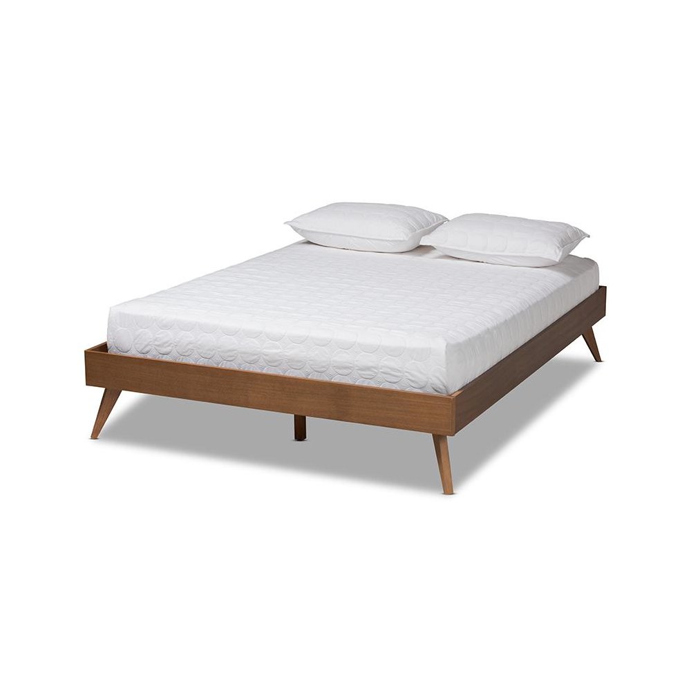 Mid-Century Modern Walnut Brown Finished Wood Full Size Platform Bed Frame
