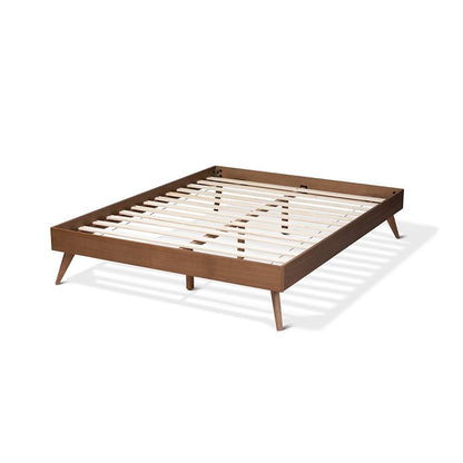 Mid-Century Modern Walnut Brown Finished Wood Full Size Platform Bed Frame