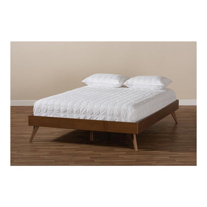 Mid-Century Modern Walnut Brown Finished Wood Full Size Platform Bed Frame