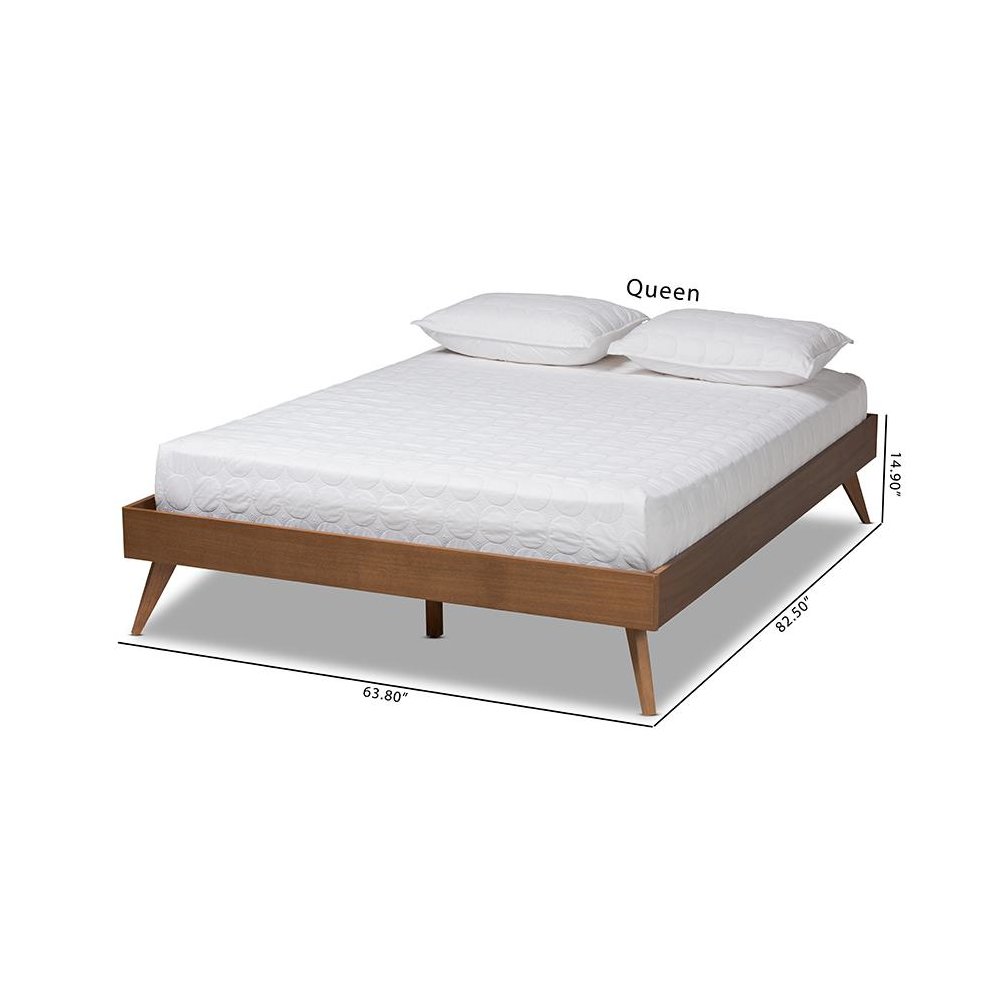 Mid-Century Modern Walnut Brown Finished Wood Full Size Platform Bed Frame