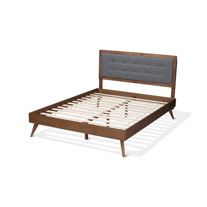 Dark Grey Fabric Upholstered Walnut Brown Finished Wood Full Size Platform Bed