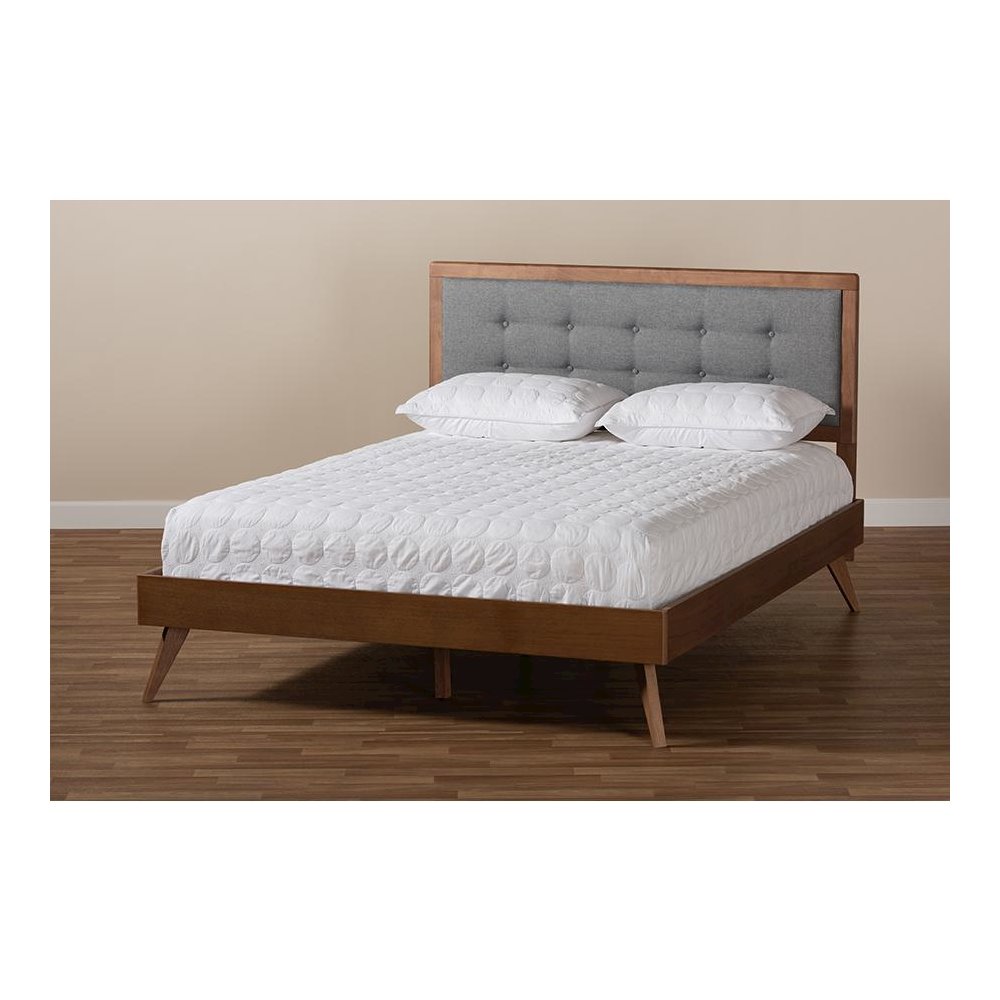 Dark Grey Fabric Upholstered Walnut Brown Finished Wood Full Size Platform Bed