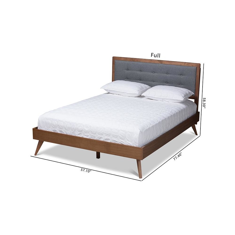 Dark Grey Fabric Upholstered Walnut Brown Finished Wood Full Size Platform Bed