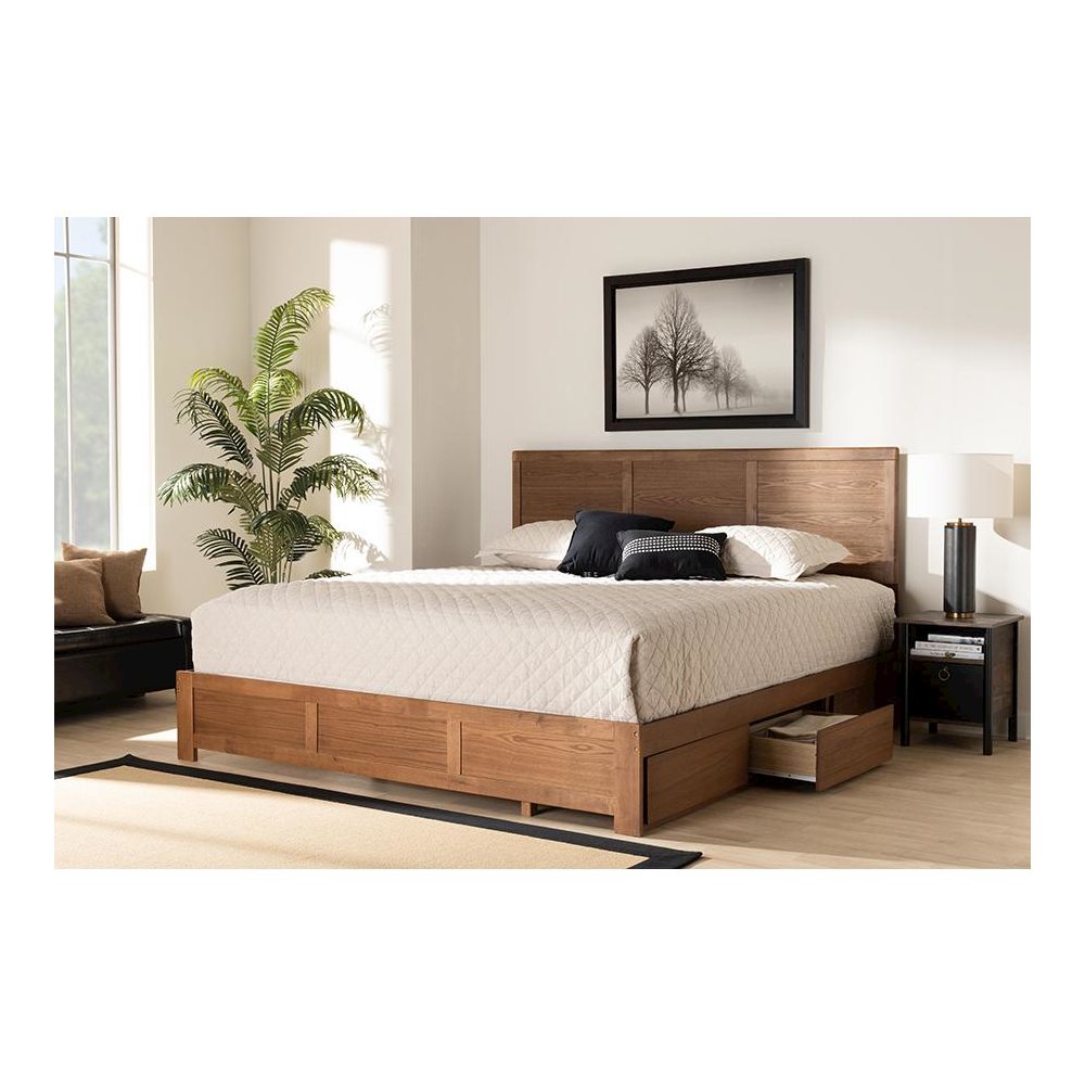 Walnut Brown Finished Wood King Size 3-Drawer Platform Storage Bed