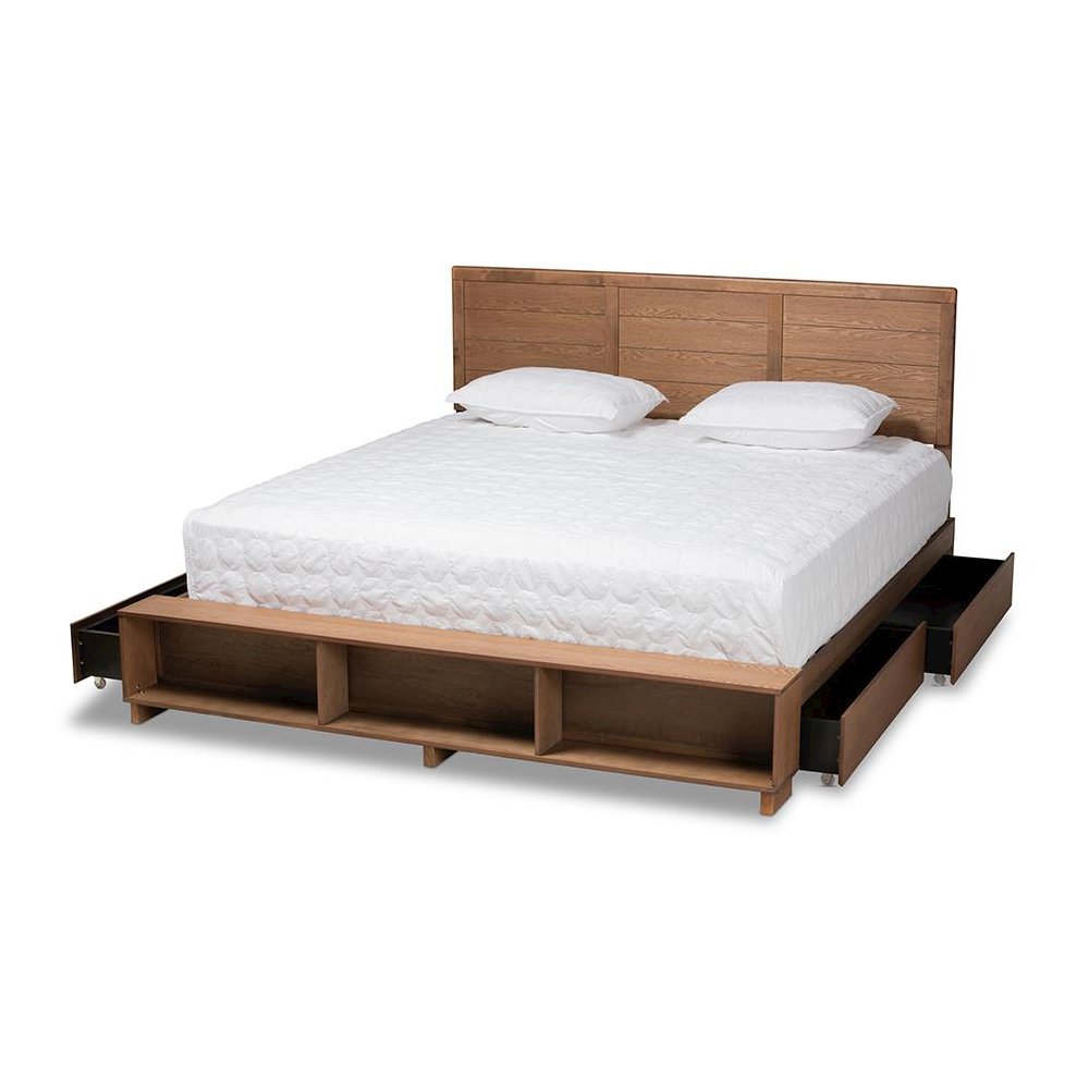 Wood King Size 4-Drawer Platform Storage Bed with Built-In Shelves