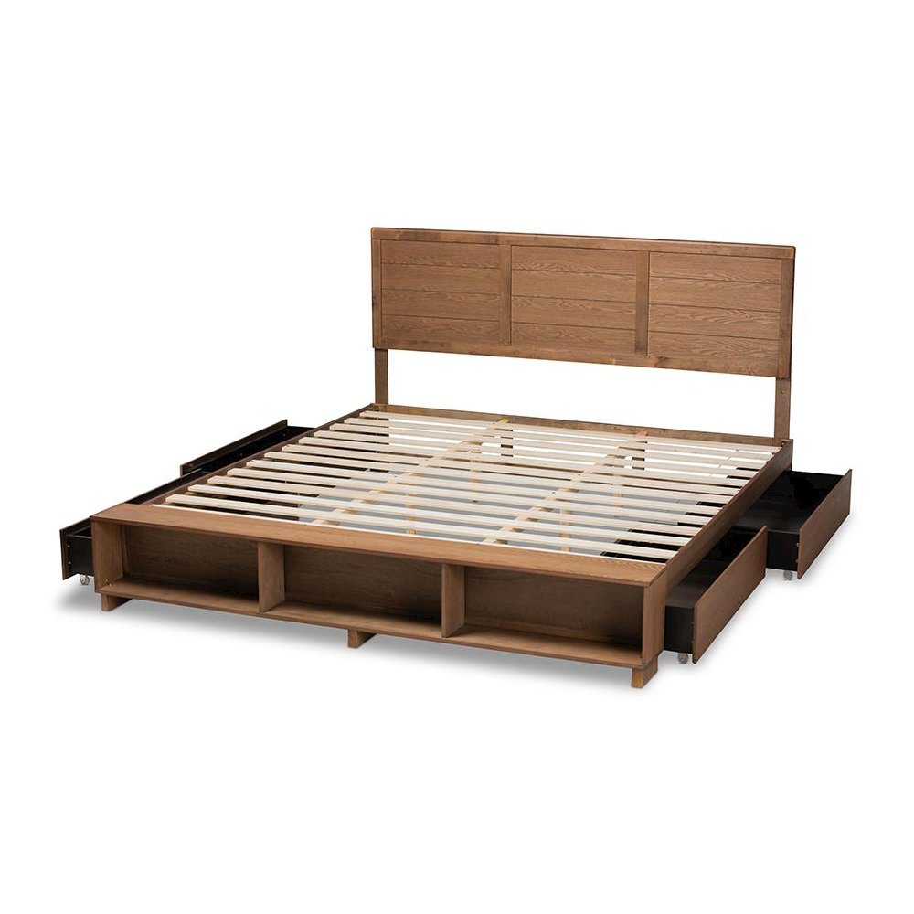 Wood King Size 4-Drawer Platform Storage Bed with Built-In Shelves