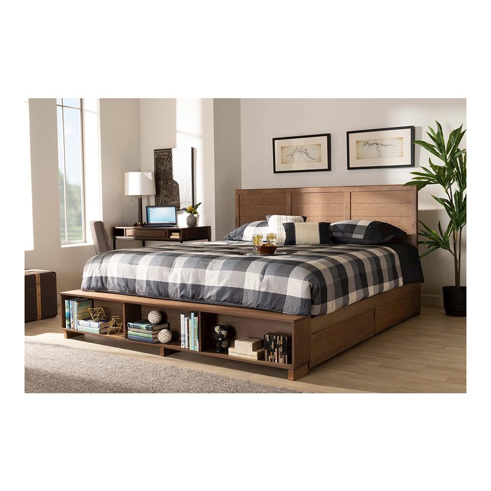 Wood King Size 4-Drawer Platform Storage Bed with Built-In Shelves