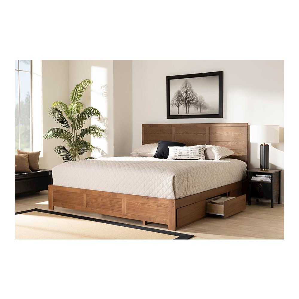 Walnut Brown Finished Wood King Size 3-Drawer Platform Storage Bed