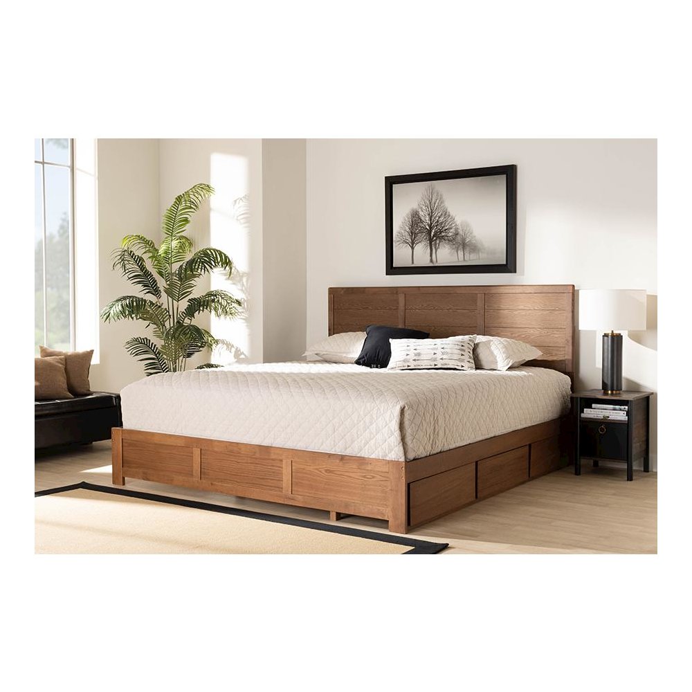Walnut Brown Finished Wood King Size 3-Drawer Platform Storage Bed