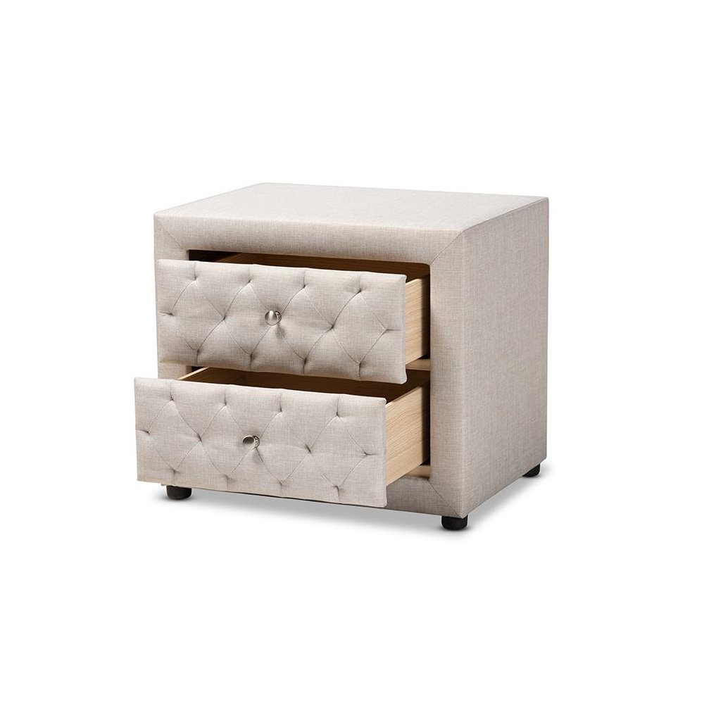 Light Beige Fabric Upholstered 2-Drawer Wood Nightstand