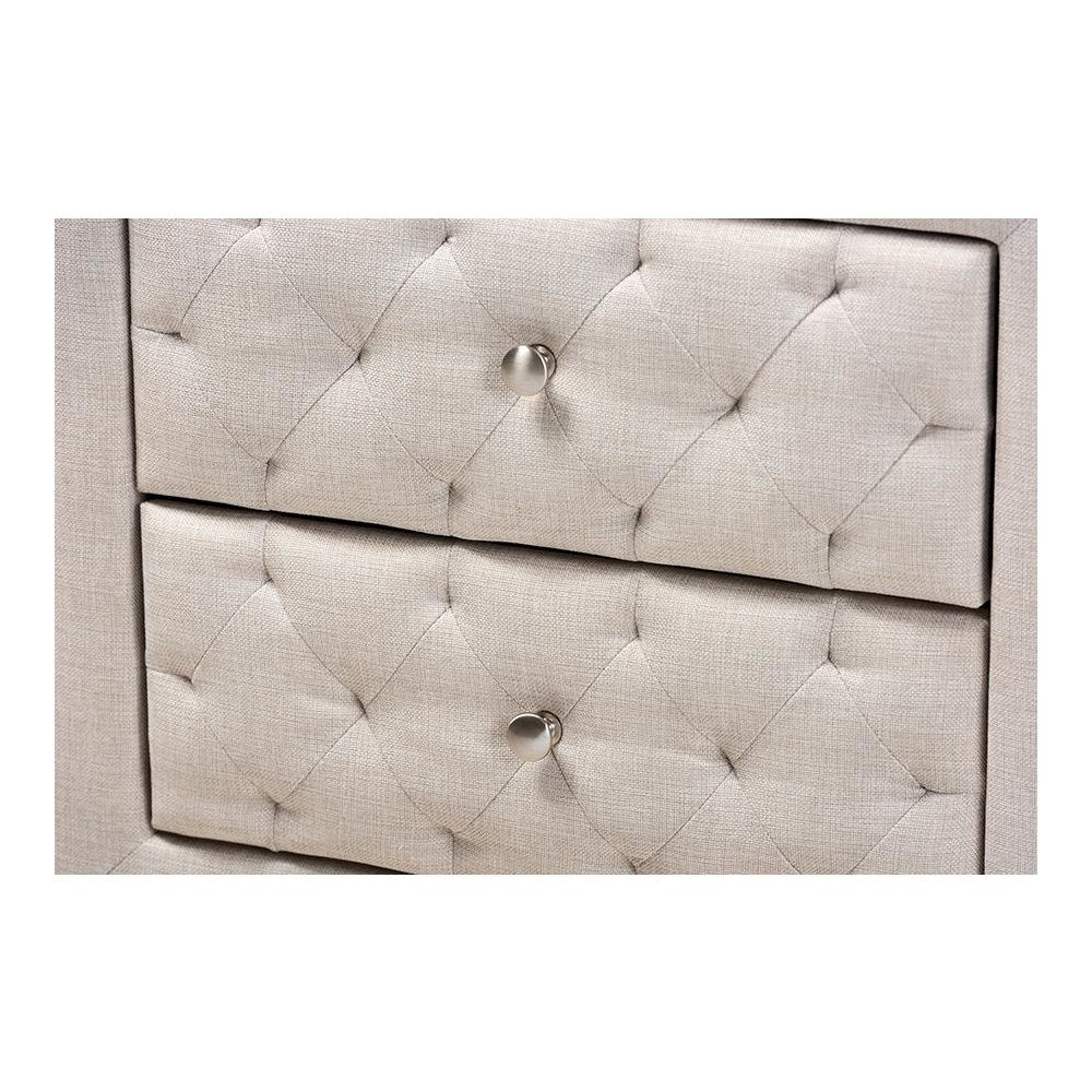 Light Beige Fabric Upholstered 2-Drawer Wood Nightstand