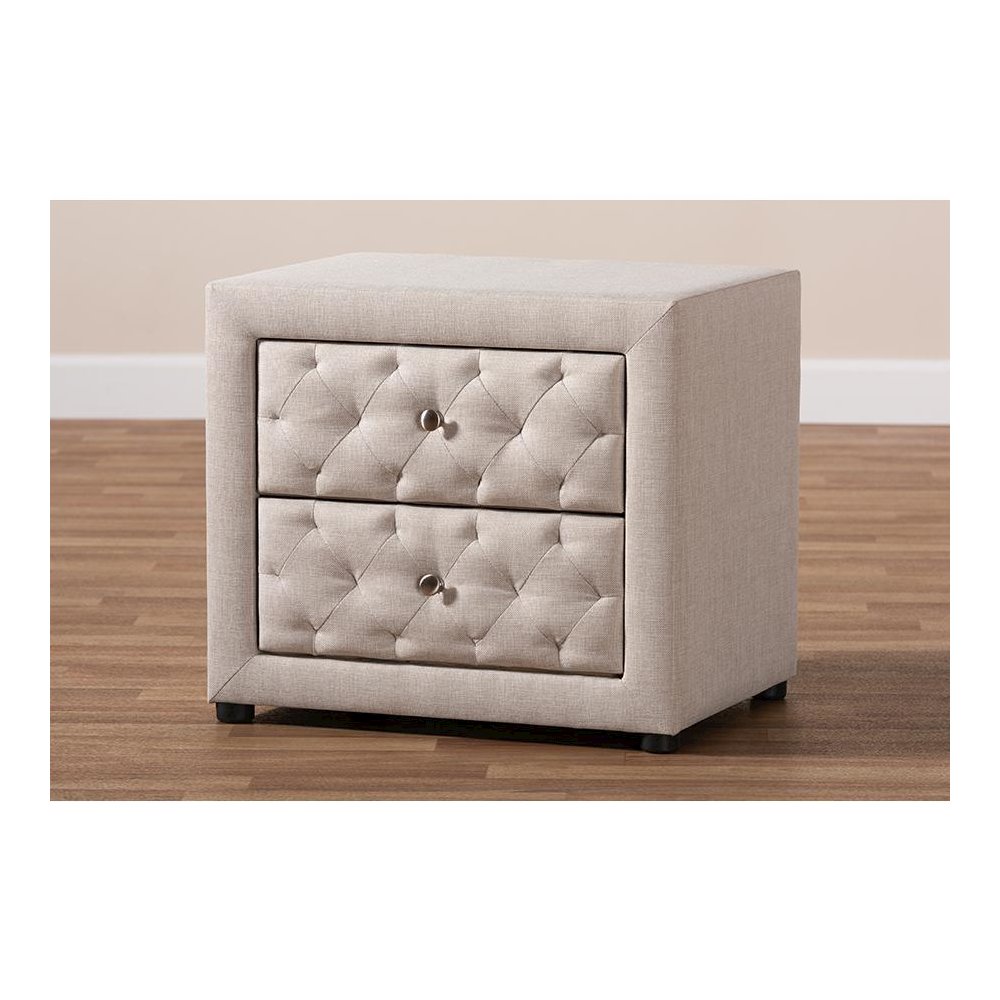 Light Beige Fabric Upholstered 2-Drawer Wood Nightstand
