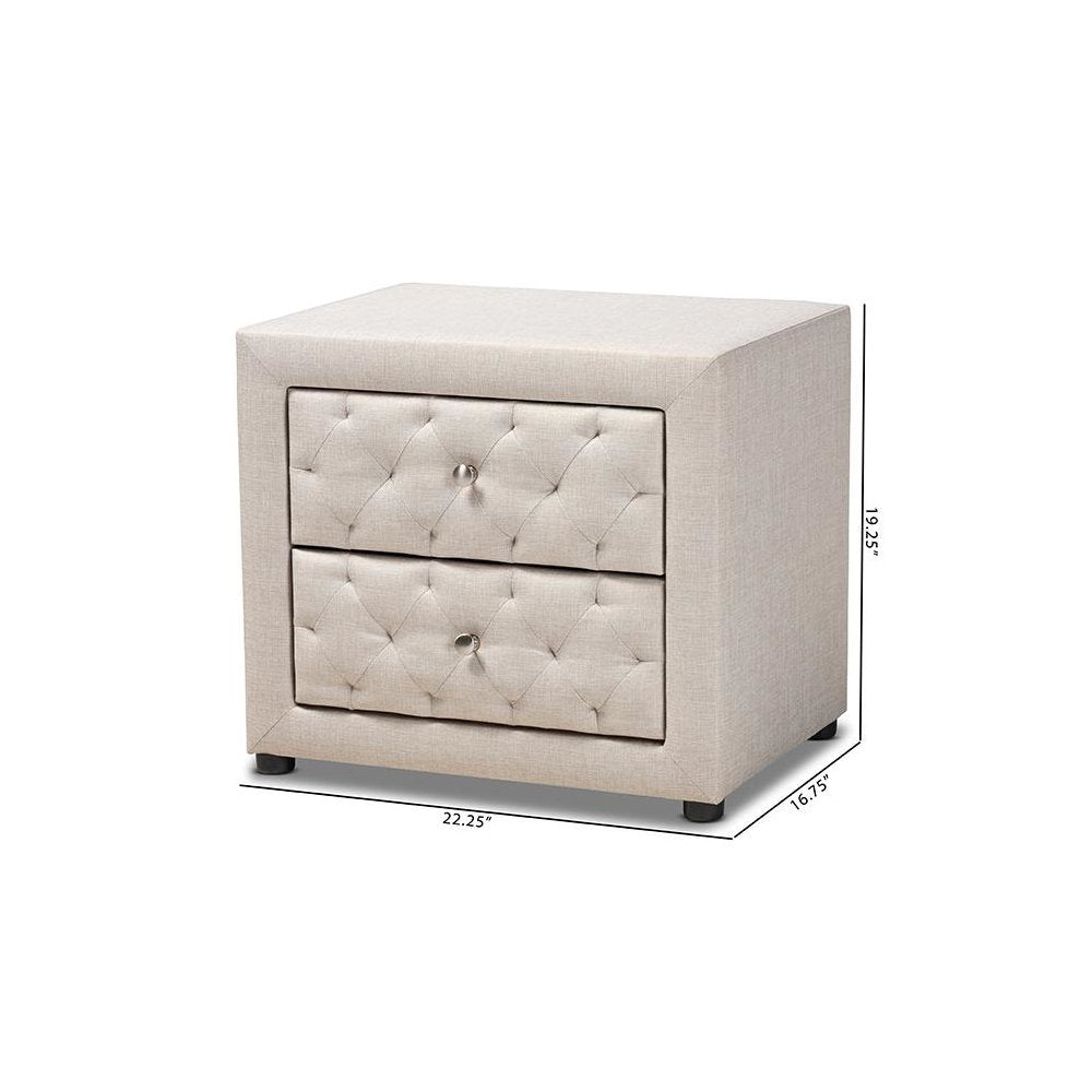 Light Beige Fabric Upholstered 2-Drawer Wood Nightstand