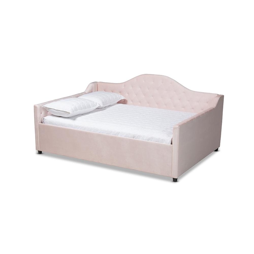 Light Pink Velvet Fabric Upholstered and Button Tufted Queen Size Daybed