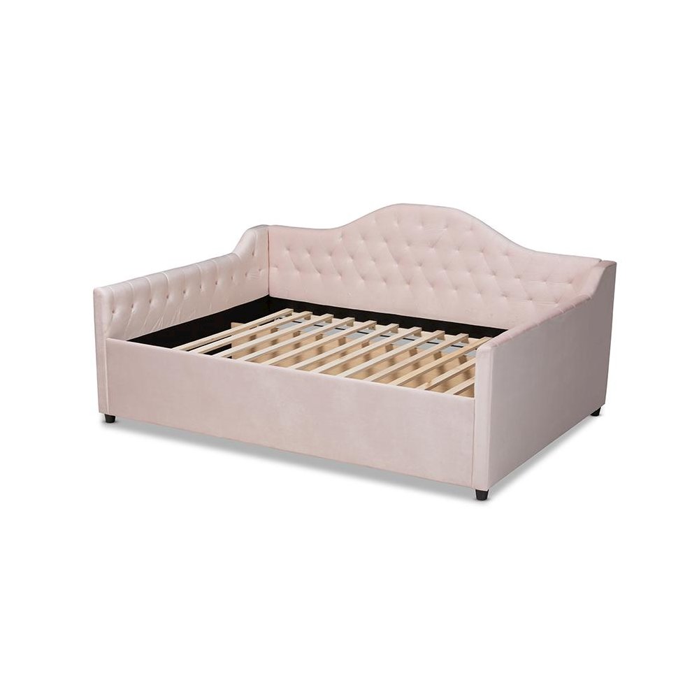 Light Pink Velvet Fabric Upholstered and Button Tufted Queen Size Daybed