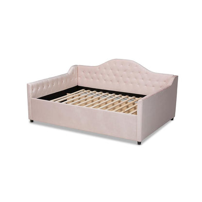 Light Pink Velvet Fabric Upholstered and Button Tufted Queen Size Daybed