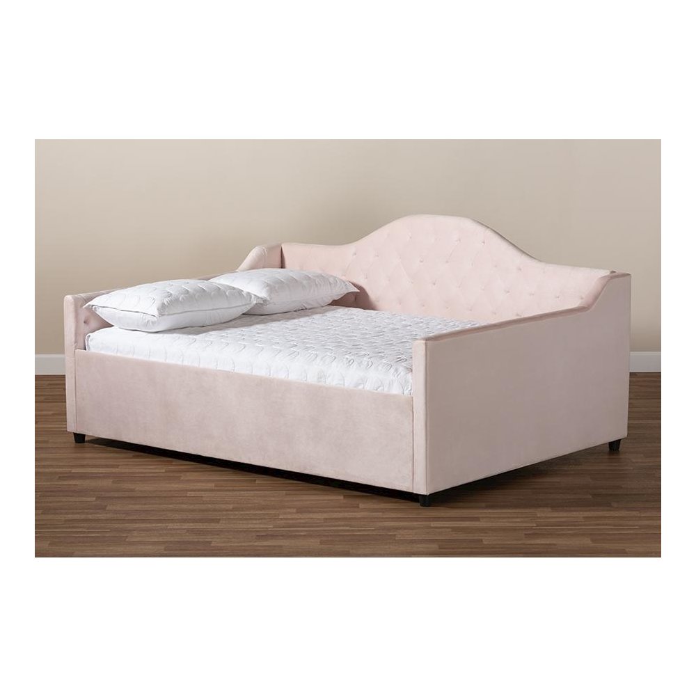 Light Pink Velvet Fabric Upholstered and Button Tufted Queen Size Daybed