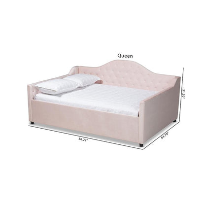 Light Pink Velvet Fabric Upholstered and Button Tufted Queen Size Daybed