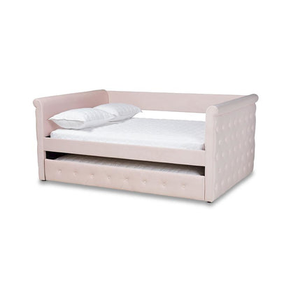 Light Pink Velvet Fabric Upholstered Full Size Daybed with Trundle