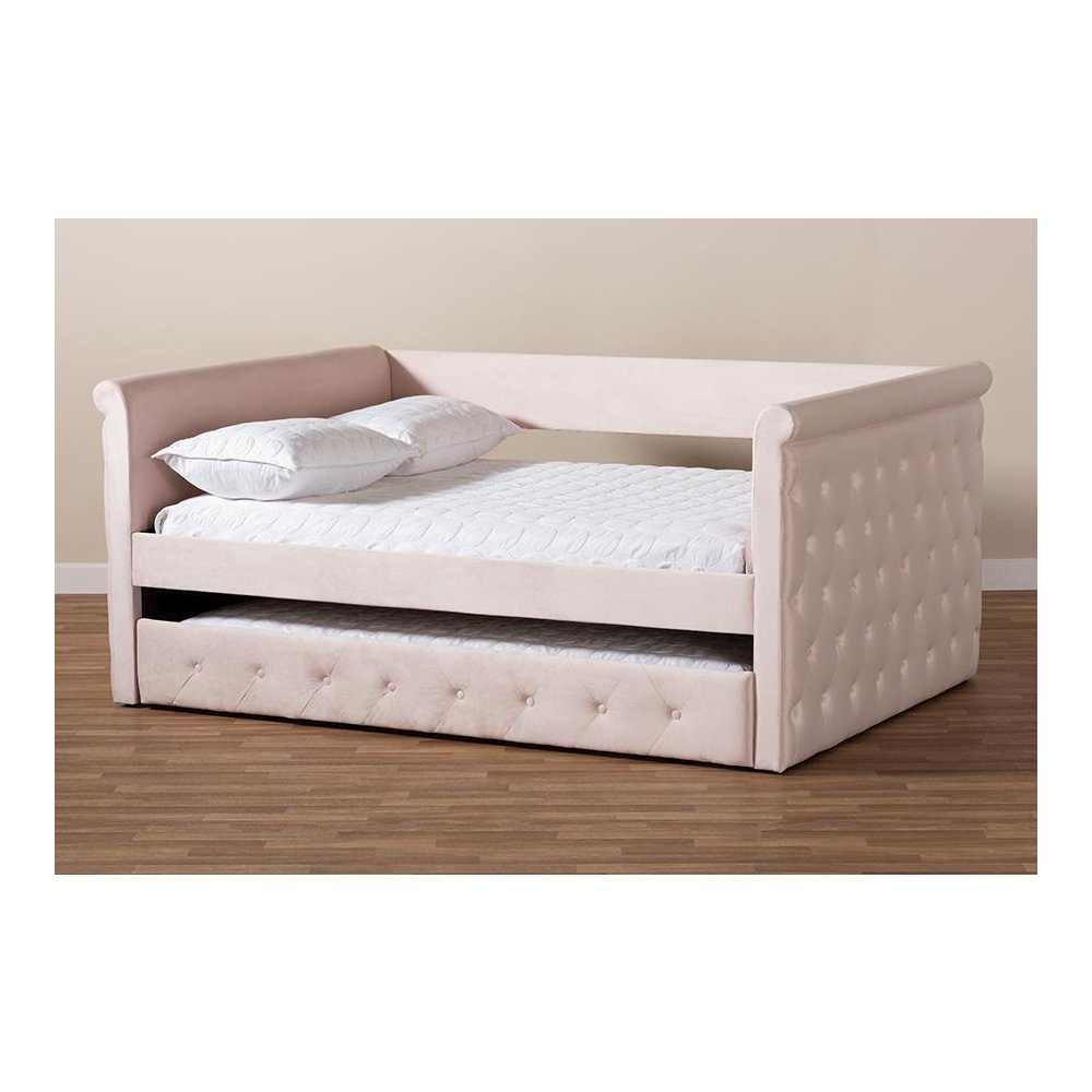 Light Pink Velvet Fabric Upholstered Full Size Daybed with Trundle