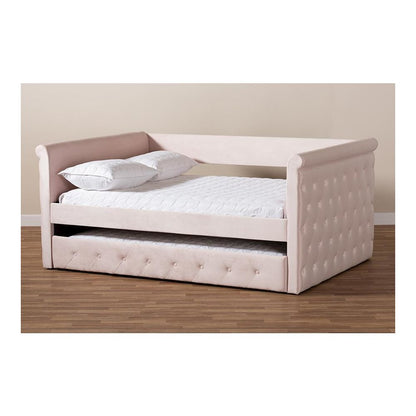 Light Pink Velvet Fabric Upholstered Full Size Daybed with Trundle