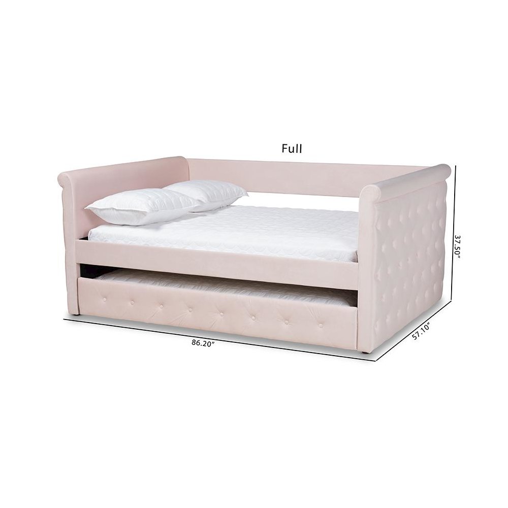 Light Pink Velvet Fabric Upholstered Full Size Daybed with Trundle