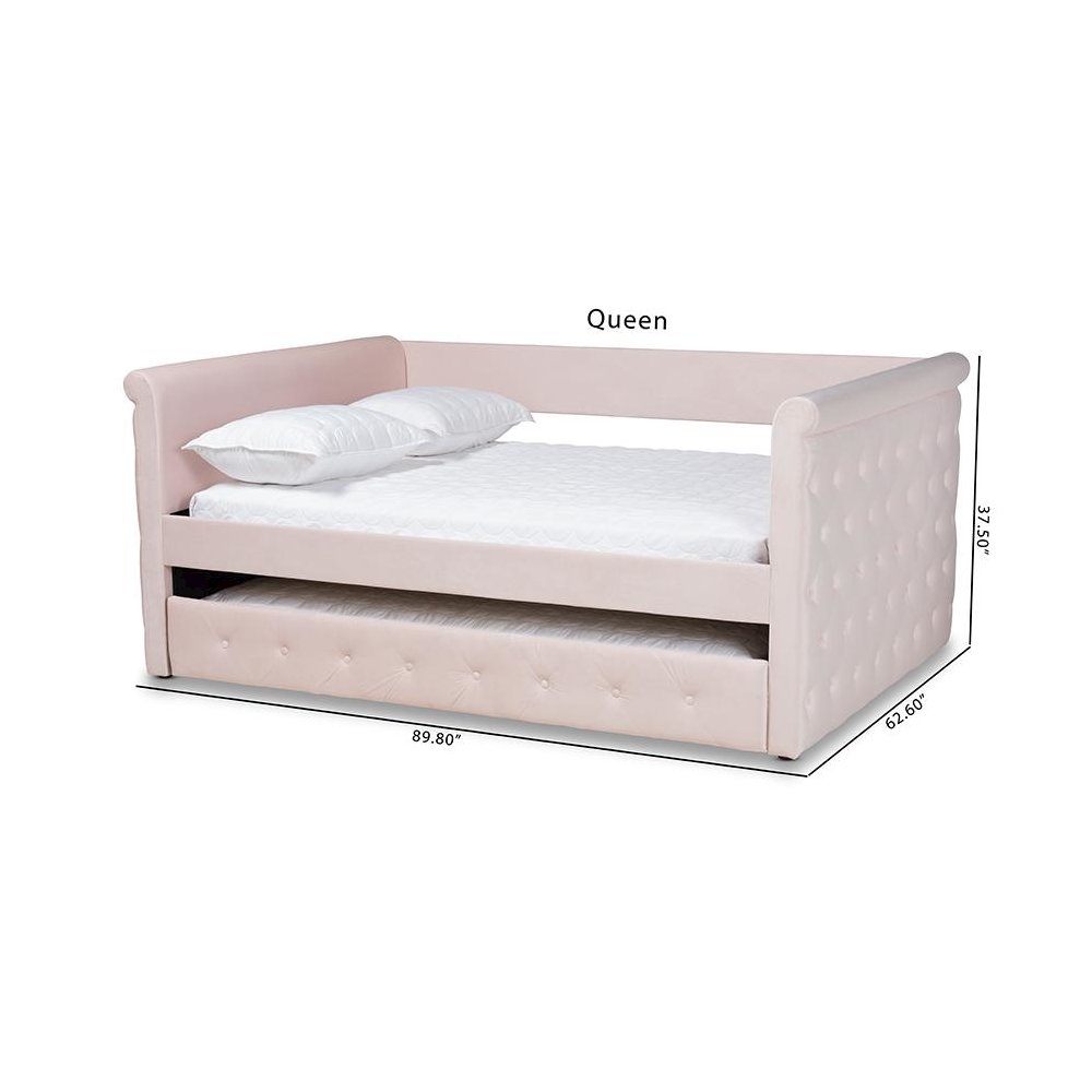 Light Pink Velvet Fabric Upholstered Full Size Daybed with Trundle