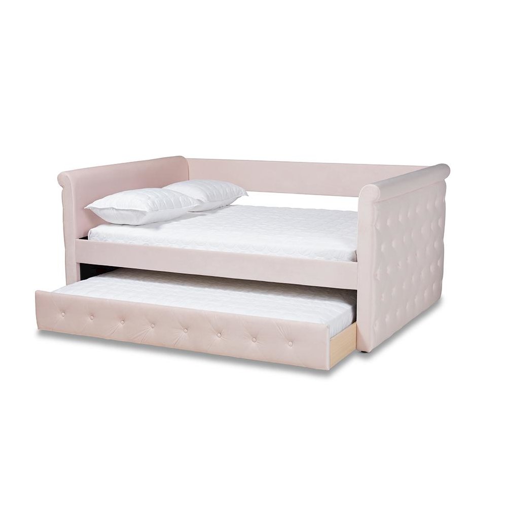 Light Pink Velvet Fabric Upholstered Full Size Daybed with Trundle