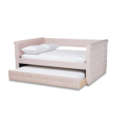 Light Pink Velvet Fabric Upholstered Full Size Daybed with Trundle