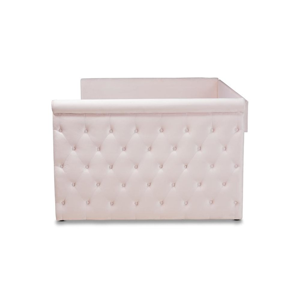 Light Pink Velvet Fabric Upholstered Full Size Daybed with Trundle