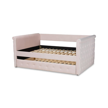 Light Pink Velvet Fabric Upholstered Full Size Daybed with Trundle