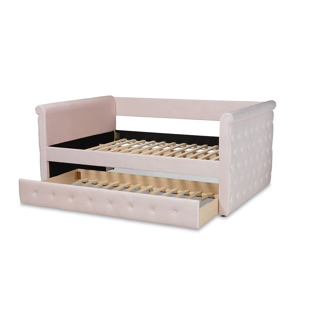 Light Pink Velvet Fabric Upholstered Full Size Daybed with Trundle