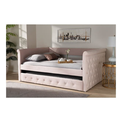 Light Pink Velvet Fabric Upholstered Full Size Daybed with Trundle