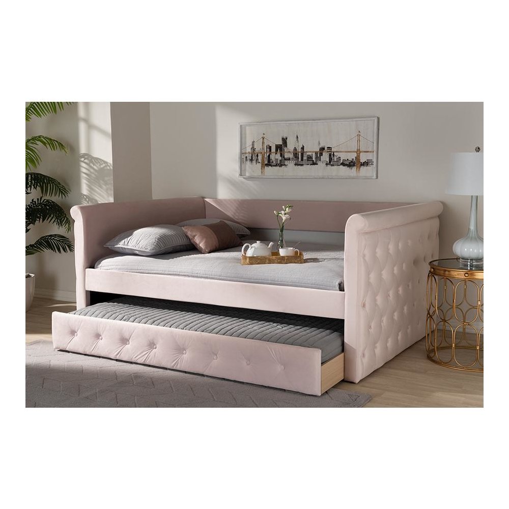 Light Pink Velvet Fabric Upholstered Full Size Daybed with Trundle