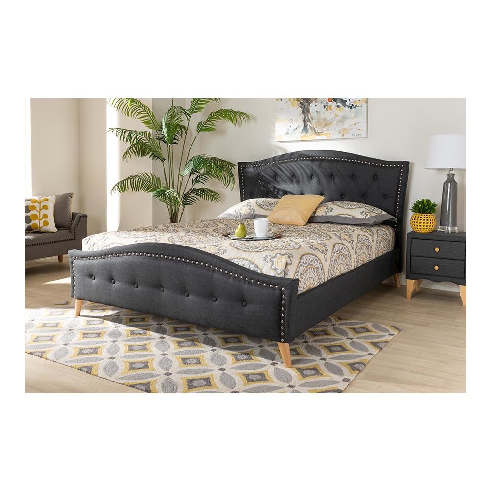 Charcoal Grey Fabric Upholstered and Button Tufted King Size Platform Bed