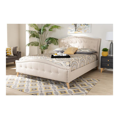 Beige Fabric Upholstered and Button Tufted King Size Platform Bed