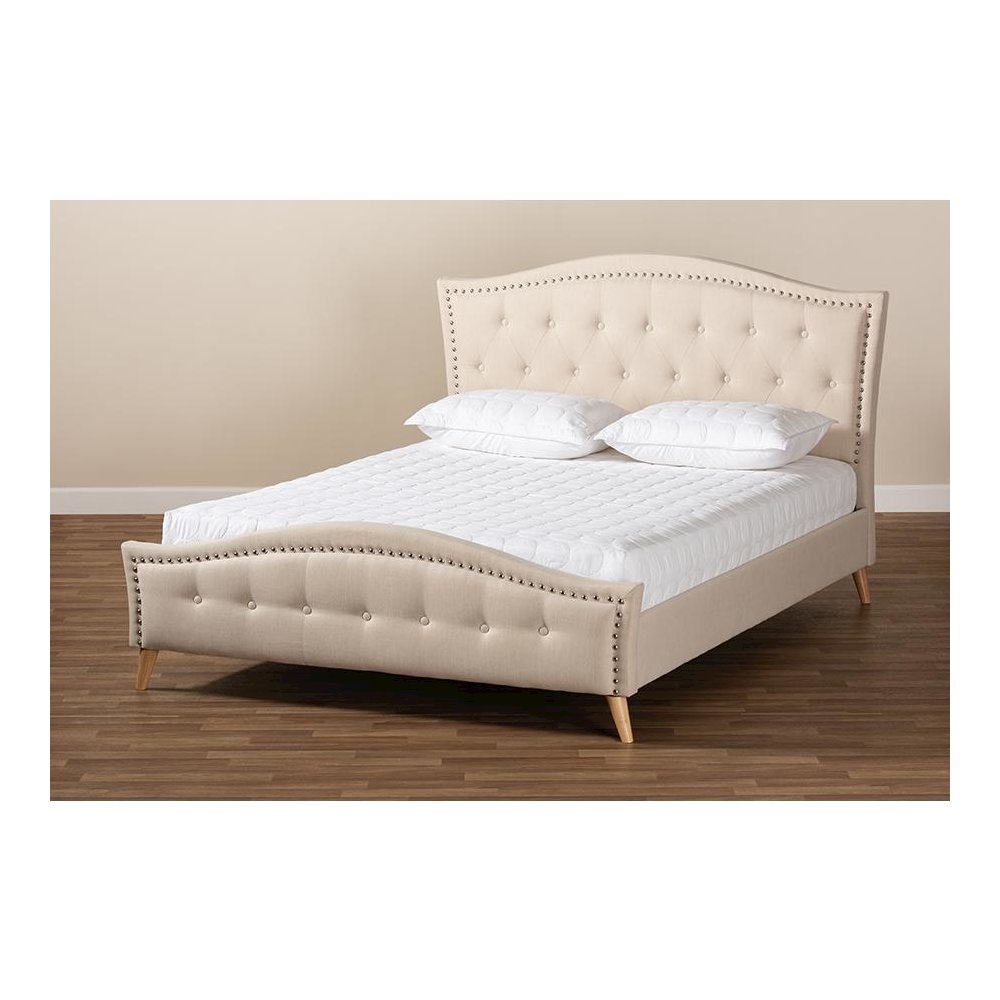 Beige Fabric Upholstered and Button Tufted King Size Platform Bed