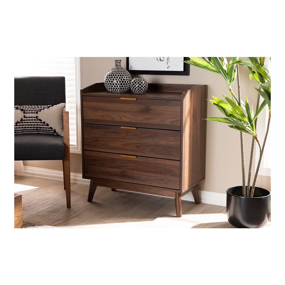 Baxton Studio Lena Mid-Century Modern Walnut Brown Finished 3-Drawer Wood Chest