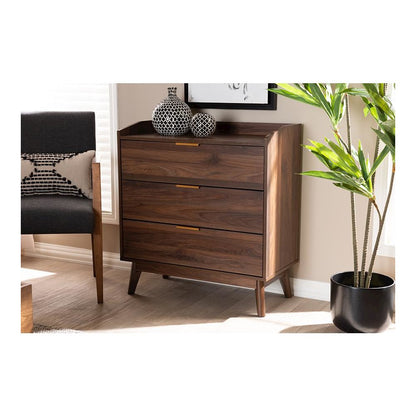 Baxton Studio Lena Mid-Century Modern Walnut Brown Finished 3-Drawer Wood Chest