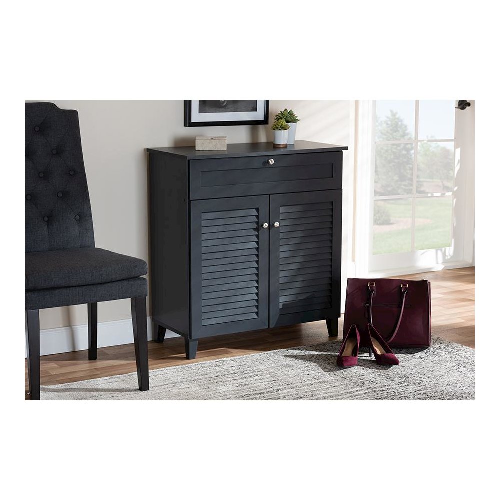 Dark Grey Finished 4-Shelf Wood Shoe Storage Cabinet with Drawer