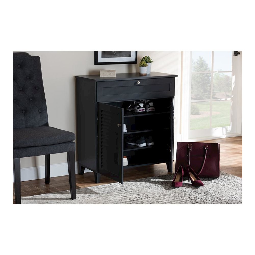 Dark Grey Finished 4-Shelf Wood Shoe Storage Cabinet with Drawer