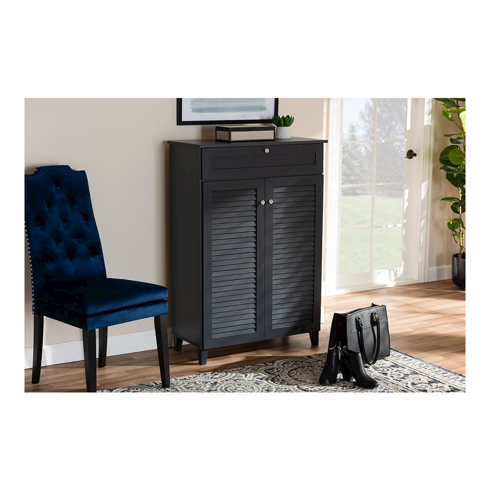 Dark Grey Finished 5-Shelf Wood Shoe Storage Cabinet with Drawer