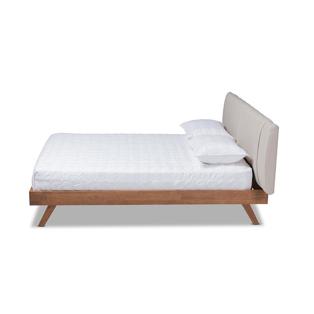 Light Beige Fabric Upholstered Walnut Finished Wood Queen Size Bed