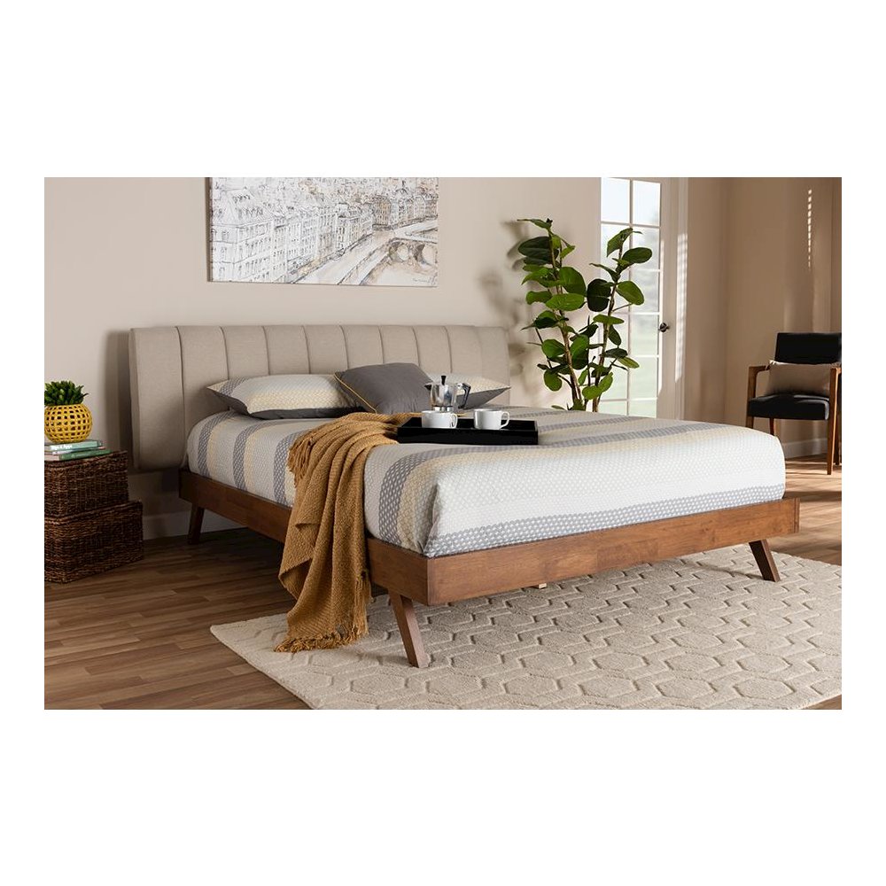 Light Beige Fabric Upholstered Walnut Finished Wood Queen Size Bed
