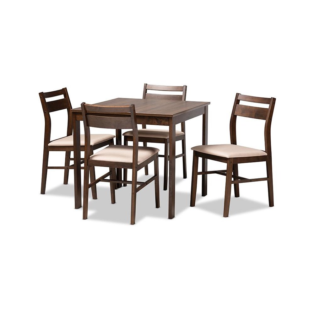 Beige Fabric Upholstered Dark Walnut-Finished 5-Piece Wood Dining Set