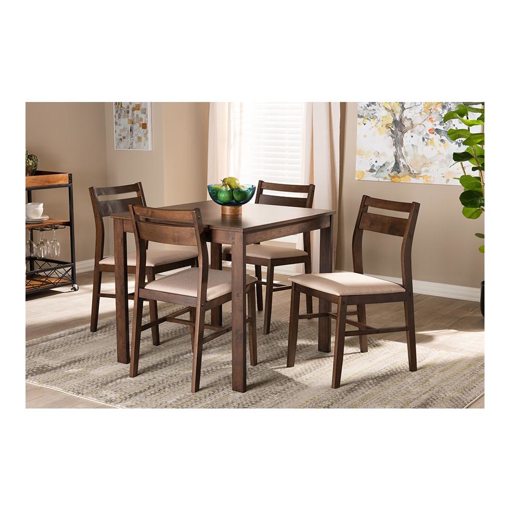 Beige Fabric Upholstered Dark Walnut-Finished 5-Piece Wood Dining Set
