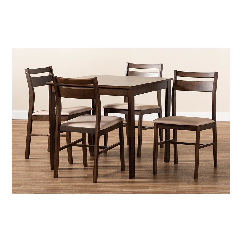 Beige Fabric Upholstered Dark Walnut-Finished 5-Piece Wood Dining Set