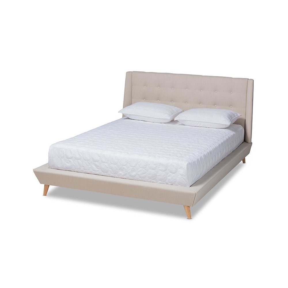 Naya Mid-Century Modern Beige Fabric Upholstered King Size Wingback Platform Bed