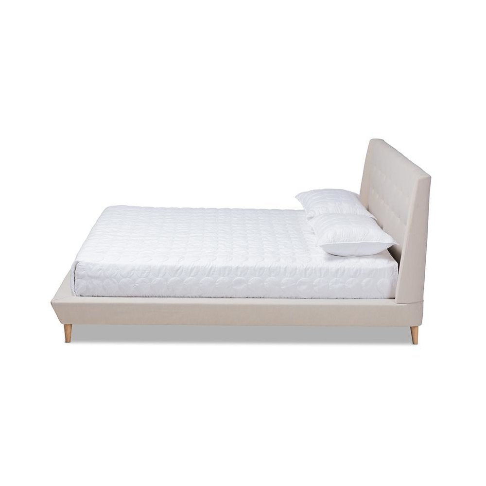 Naya Mid-Century Modern Beige Fabric Upholstered King Size Wingback Platform Bed